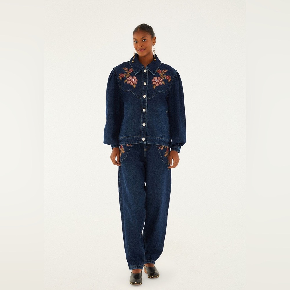 Farm Rio Denim Floral Embroidery Pants
